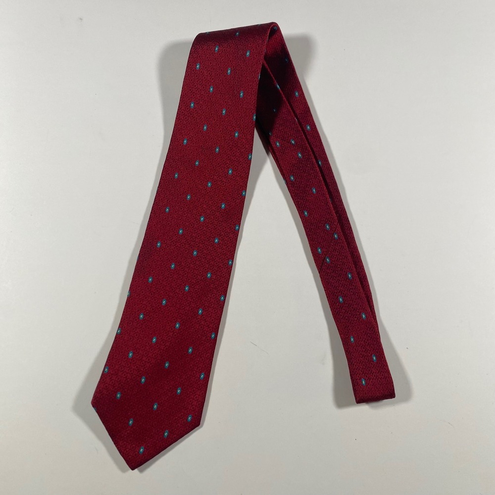 John Ashford Mens Burgundy Red Geometric Teal‎ Dot Silk Blend Necktie 2894 - Picture 5 of 6